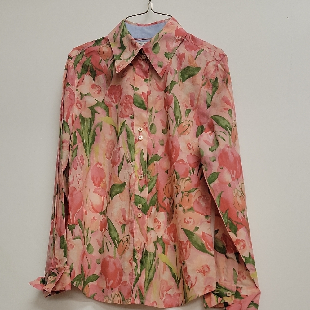 Tommy Hilfiger Womens Medium Pink and Green Floral Cotton Button Up Shirt